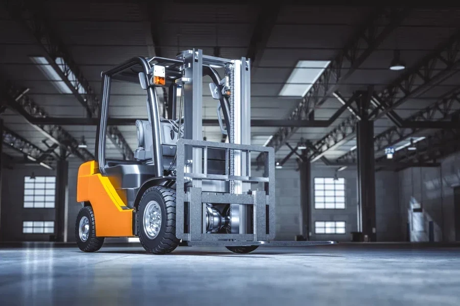 detail of a forklift inside an empty warehouse