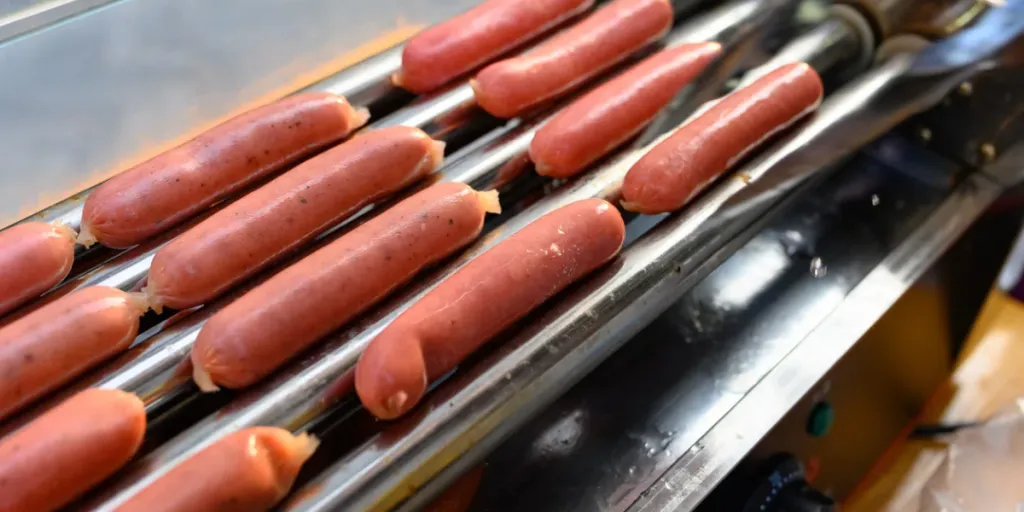 Salchichas asadas a la parrilla en una máquina de barbacoa