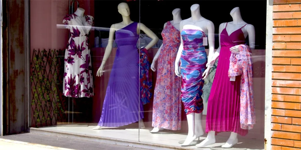 mannequins with long dresses in a shop window