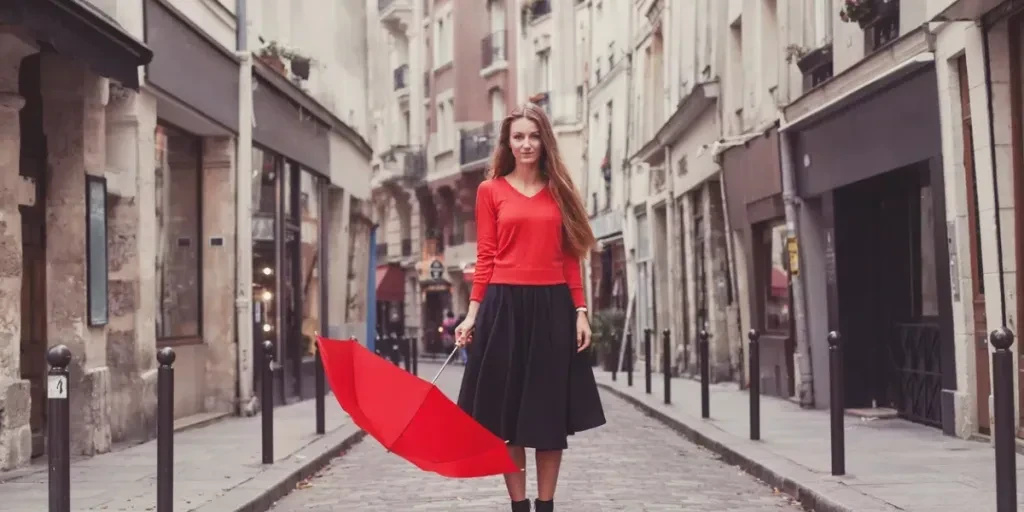 portrait d'une fille avec un parapluie rouge debout dans la rue de Paris