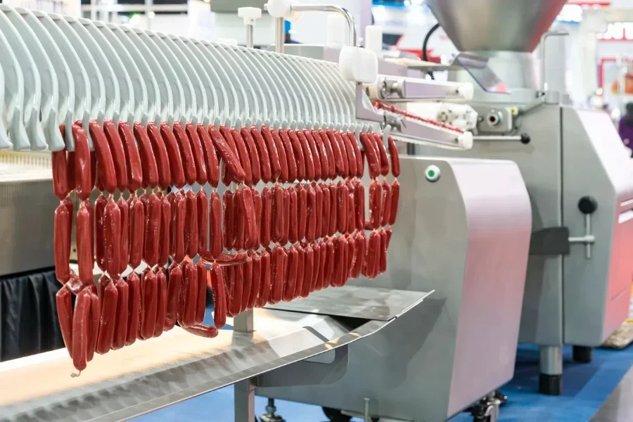 sausage chain during hanged on sausage hanging line of modern automatic machine for manufacturing process in food industrial