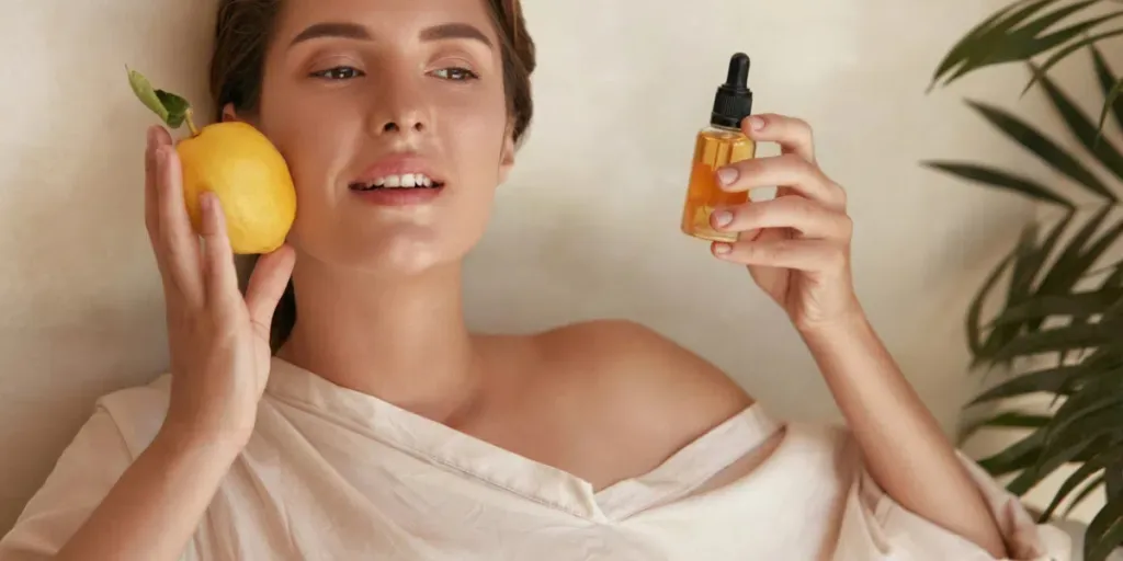 woman Holding Lemon And Bottle Near Face