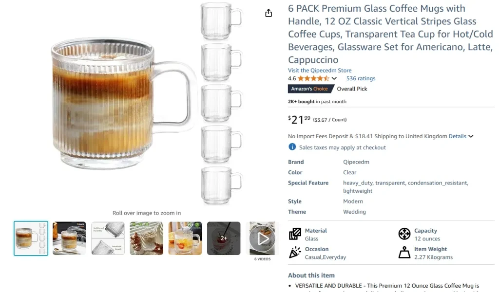 6 PACK Premium Glass Coffee Mugs with Handle, 12 oz