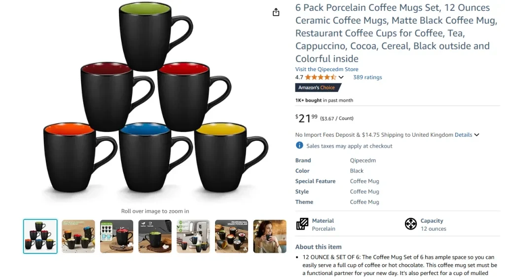 6 Pack Porcelain Coffee Mugs Set, 12 Ounces Ceramic