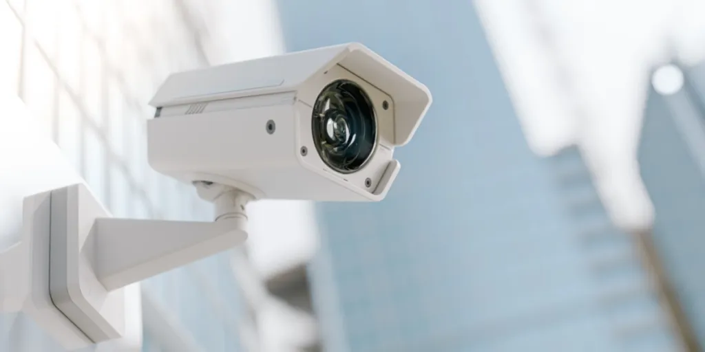 A white CCTV camera mounted on a wall