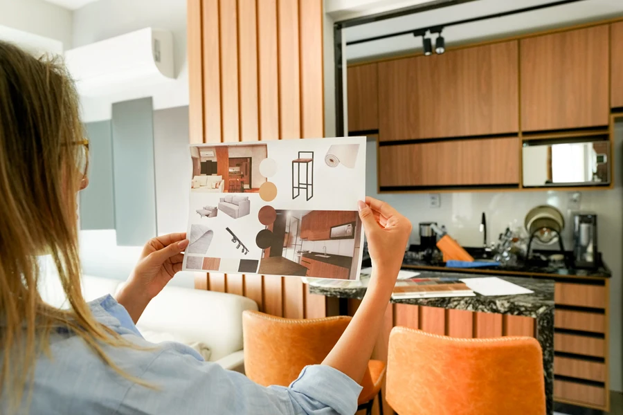 A woman looking at an interior design image