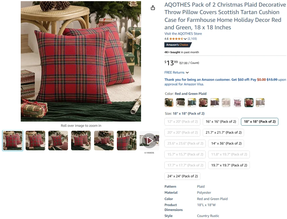 AQOTHES Pack of 2 Christmas Plaid Decorative Throw Pillow Covers