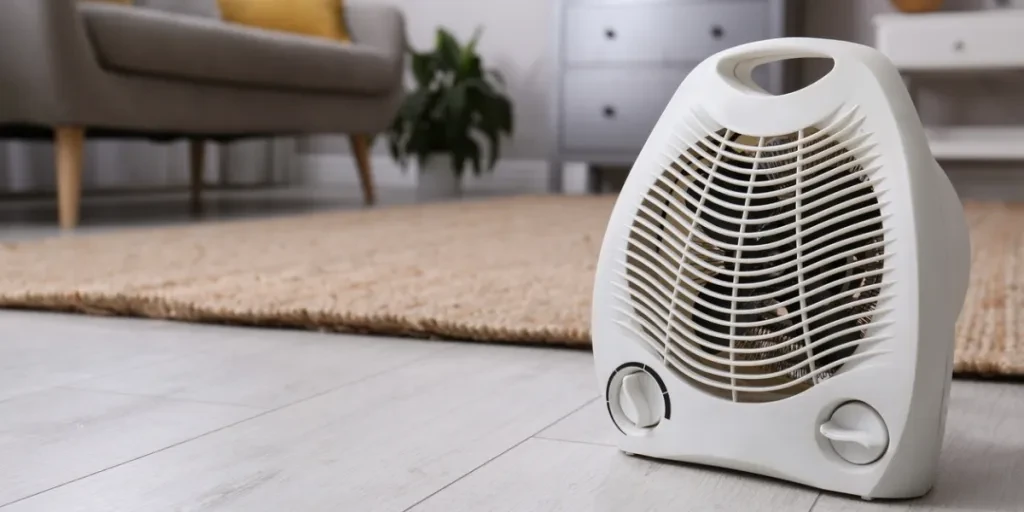 Un calentador de ventilador eléctrico en el suelo.