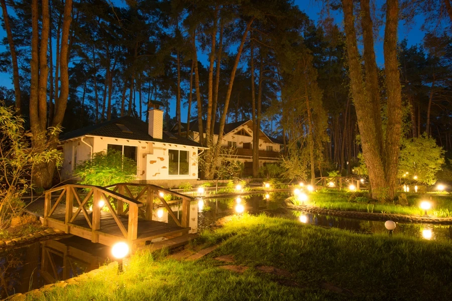 An outdoor park with multiple bug lights