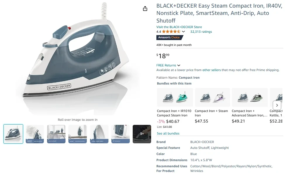 Ferro da stiro compatto BLACK+DECKER Easy Steam, IR40V