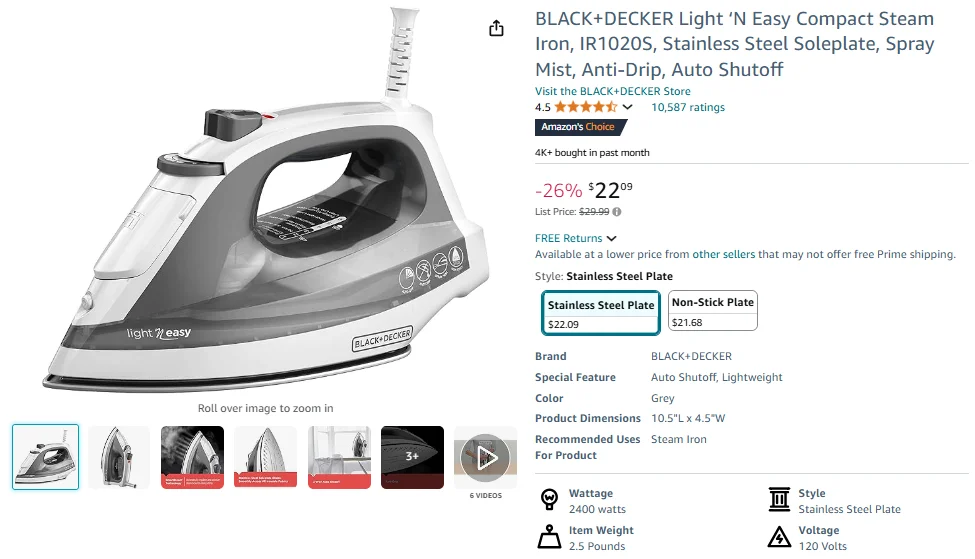 BLACK+DECKER Light ‘N Easy Compact Steam Iron, IR1