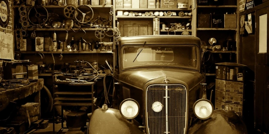 Black Vintage Car on Garage