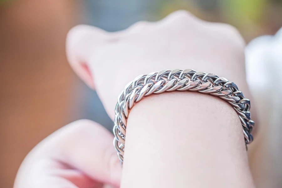 Closeup of stainless steel bracelet