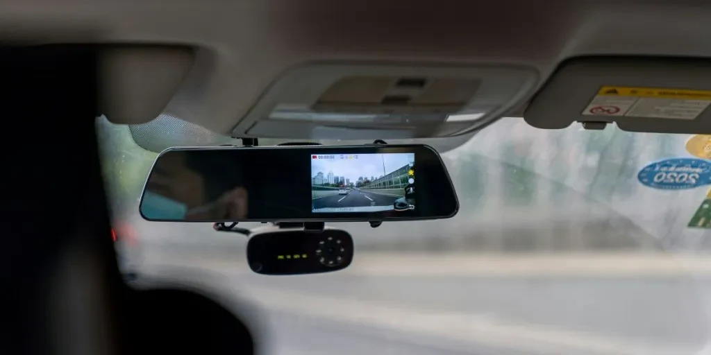 Dashcam on a car with view on the rearview mirror