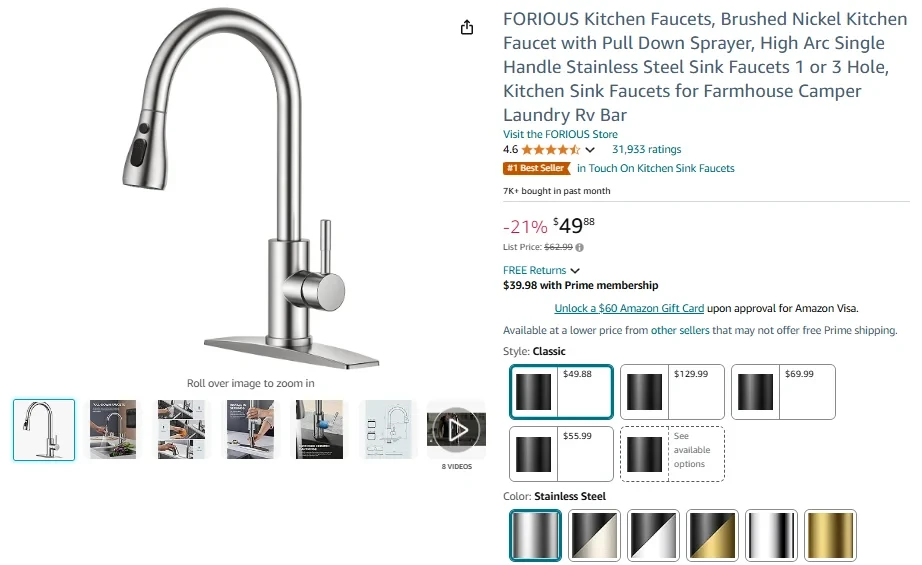 FORIOUS Brushed Nickel Kitchen Faucet