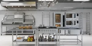 Vue de face d'une cuisine industrielle moderne