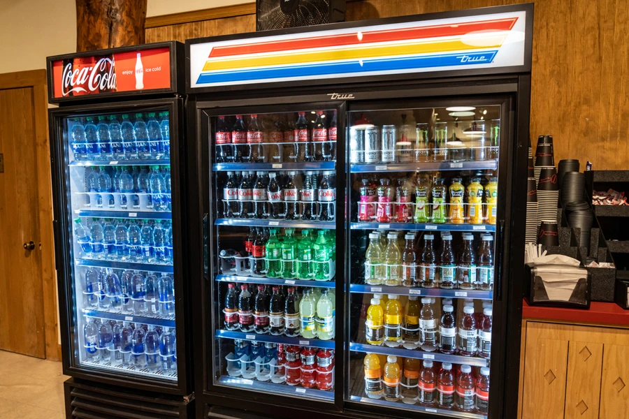 Glass Display Fridge with Beverage in Interior