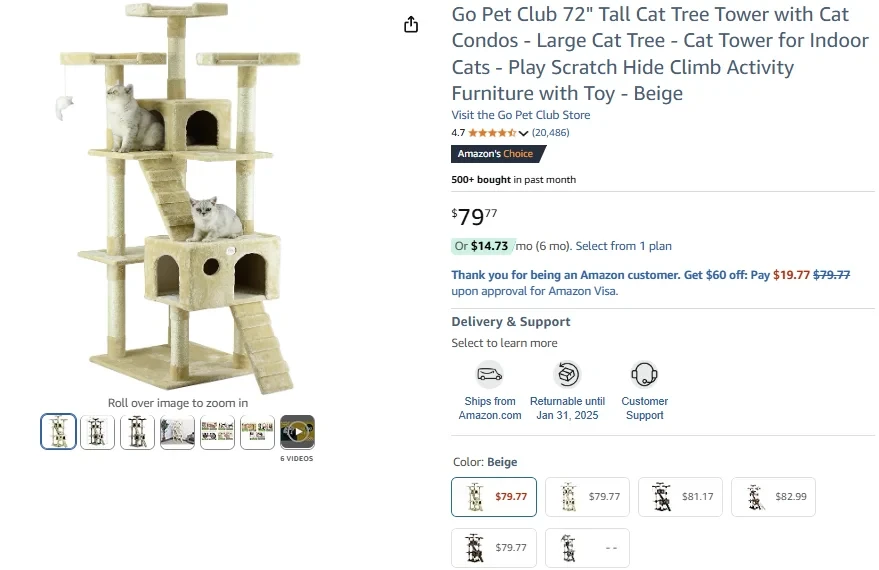 Torre-árbol para gatos de 72 pies de altura de Go Pet Club