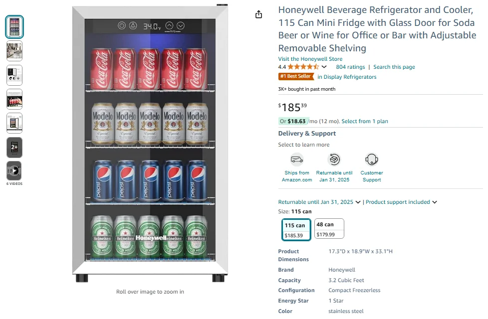 Honeywell Beverage Refrigerator and Cooler - 115 Cans