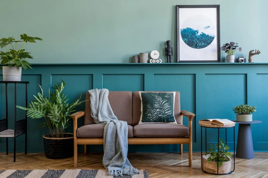 Interior design of a living room with a brown sofa