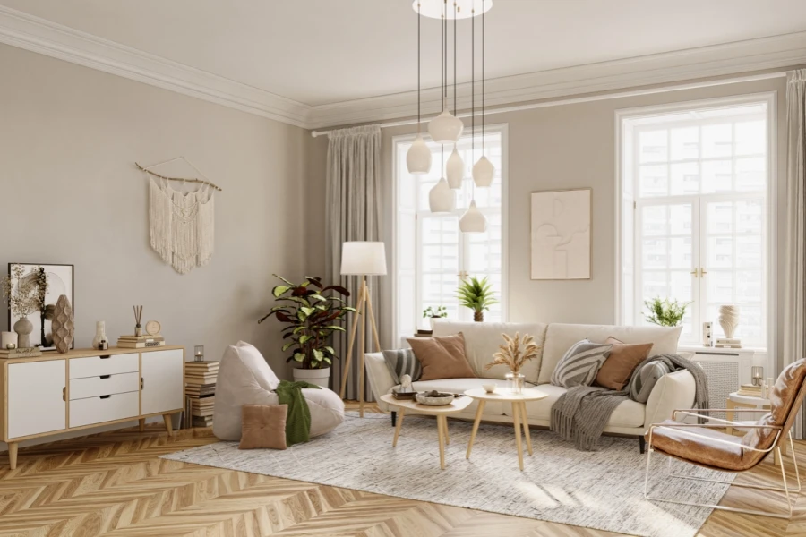 Interior with textured decor pieces and fabrics