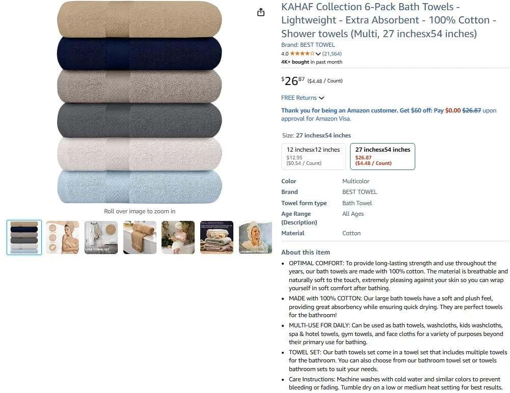 KAHAF Collection 6-Pack Bath Towels