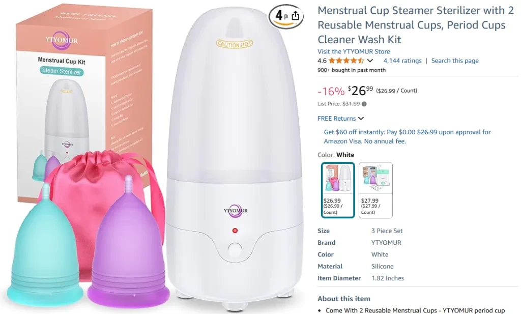 Esterilizador de copa menstrual con vaporizador y 2 vasos reutilizables