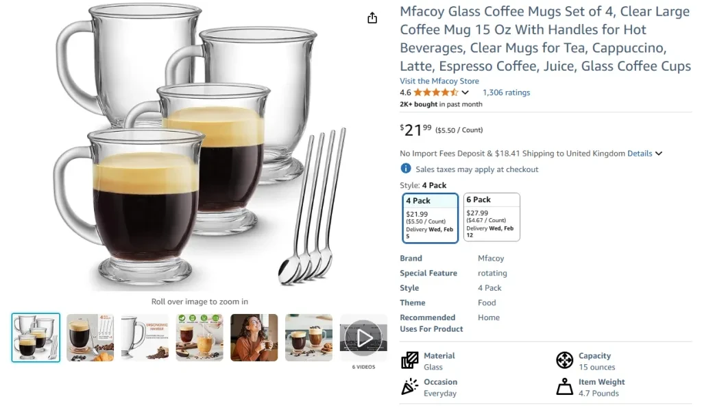 Mfacoy Kaffeebecher aus Glas, 4er-Set