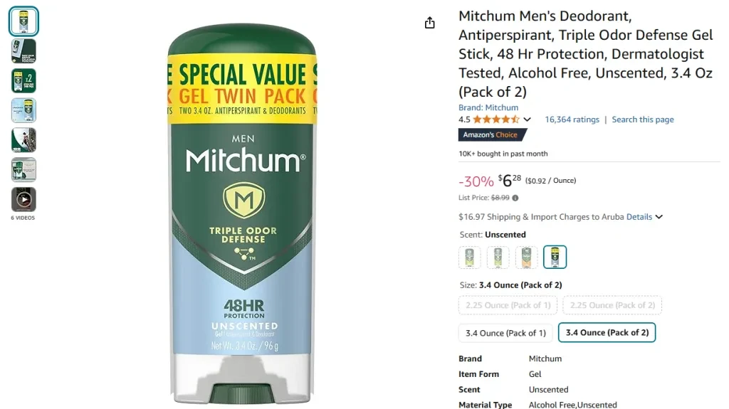 Desodorante masculino Mitchum, antitranspirante, Triple Odor Defense