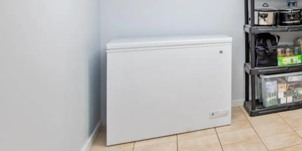 Small chest freezer next to a kitchen shelf