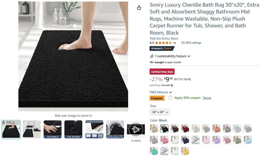 Smiry Luxury Chenille Bath Rug 30x20