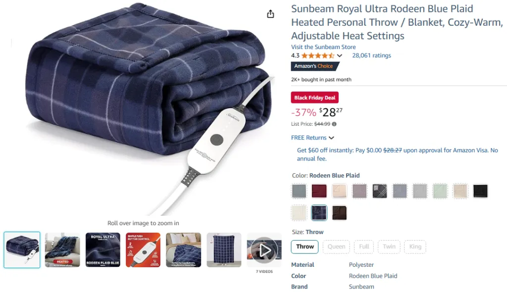 Sunbeam Royal Ultra Rodeen Blue Plaid Heated Personal Blanket