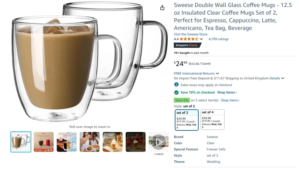 Sweese Double Wall Glass Coffee Mugs - 12.5 oz Insulated Cups