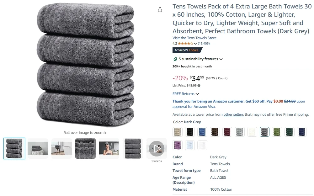 Tens Towels Pack of 4 Extra Large Bath Towels