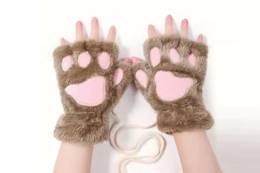 Guantes de invierno sin dedos con forma de pata de gato para mujer