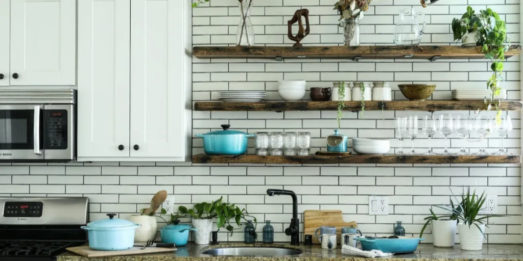 Wooden shelves and white decor in kitchen