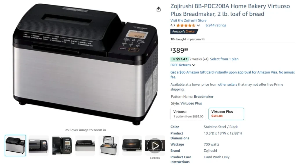 Zojirushi BB-PDC20BA Home Bakery Virtuoso Plus Breadmaker