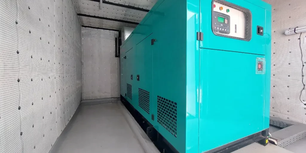 A diesel generator set in a green enclosure