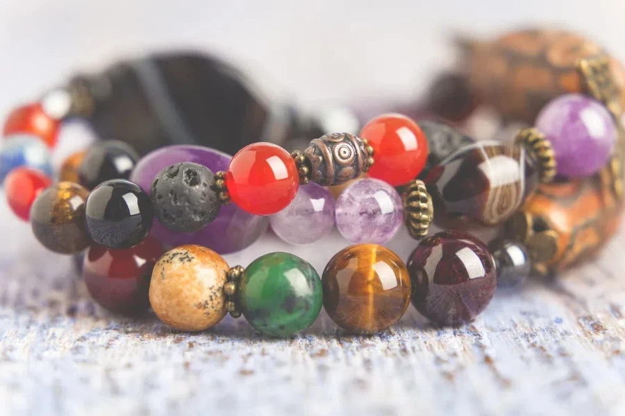 A pair of colorful gemstone bracelets