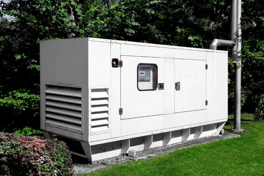 A white emergency diesel generator on standby