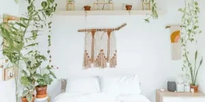 boho interior with plants and wall art