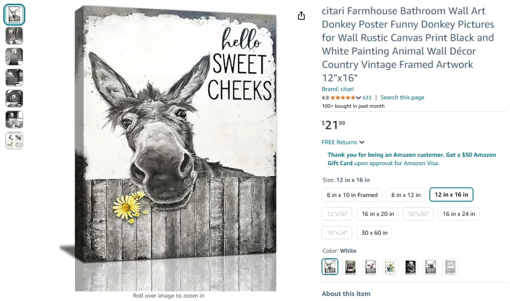 citari Farmhouse Bathroom Wall Art Donkey Poster