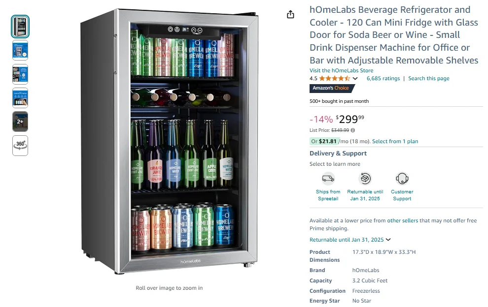 hOmeLabs Beverage Refrigerator and Cooler - 120 Cans