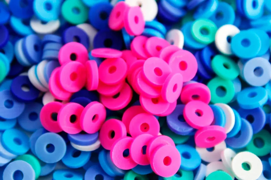 Pink, blue, and white polymer clay beads