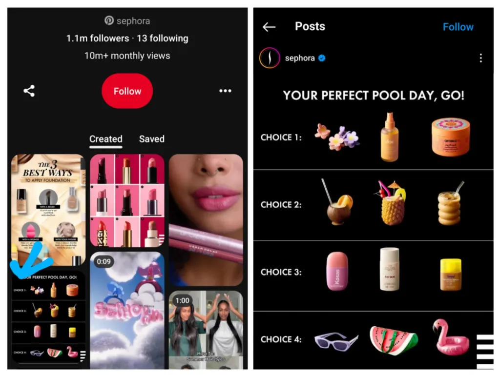 Sephora comparte sus gráficos de Instagram con su cuenta de Pinterest