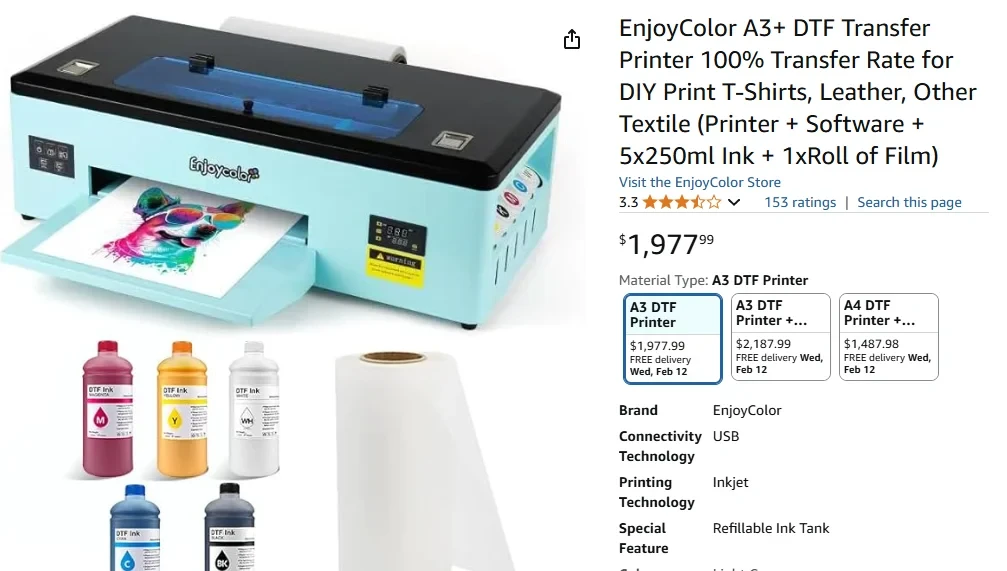 A screenshot of EnjoyColor’s DTF printer on Amazon