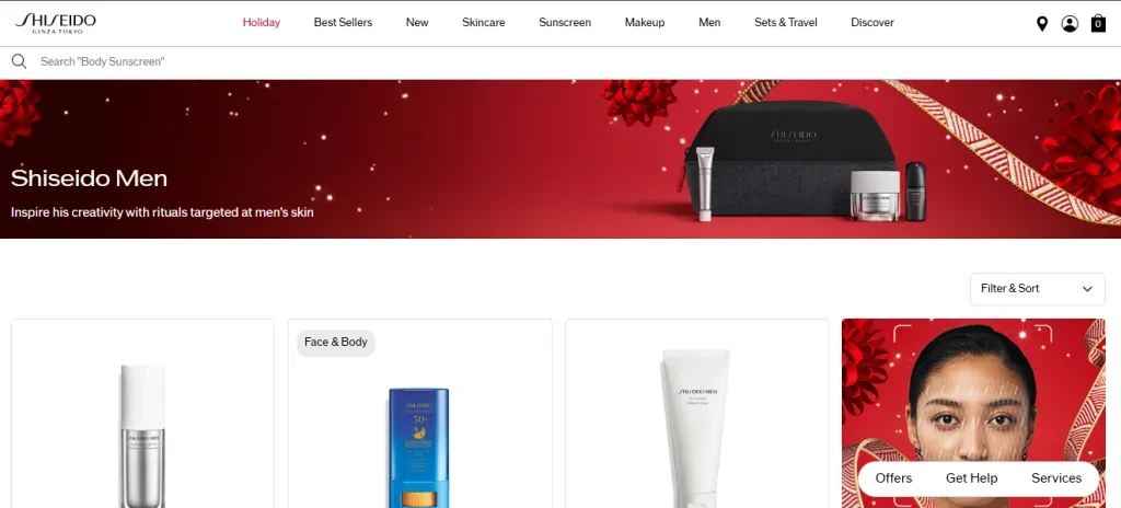 Een screenshot van Shiseido's pagina voor herenproducten