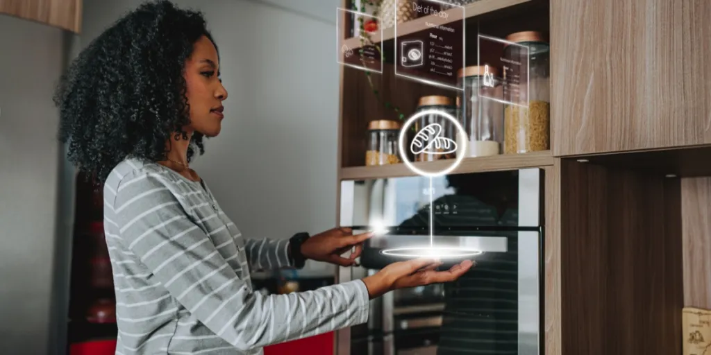 Una mujer usando un horno de inteligencia artificial