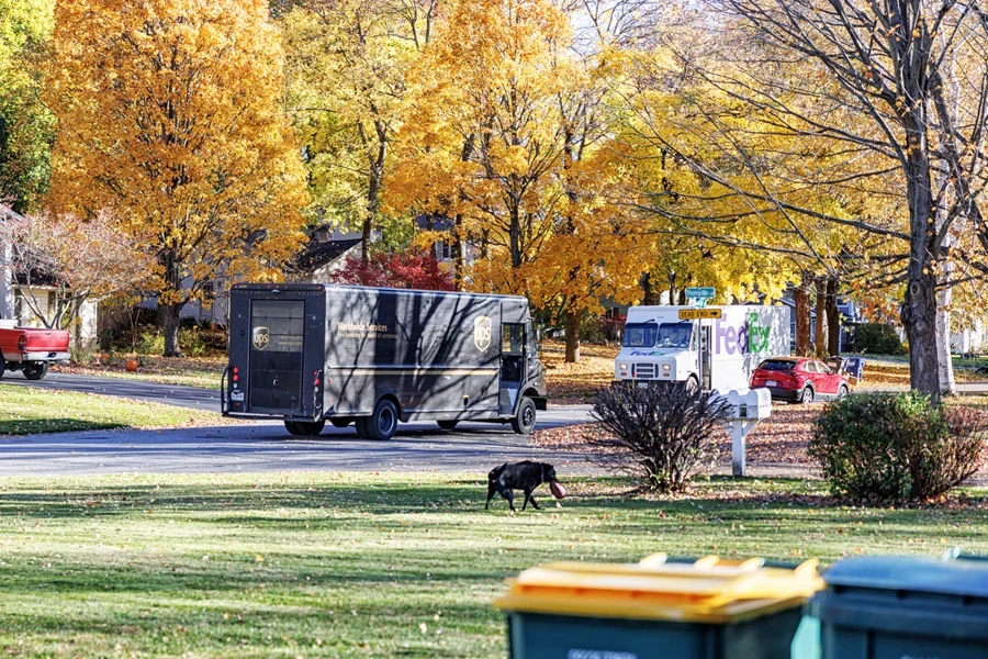 道路を走るFedExとUPSの配送トラック