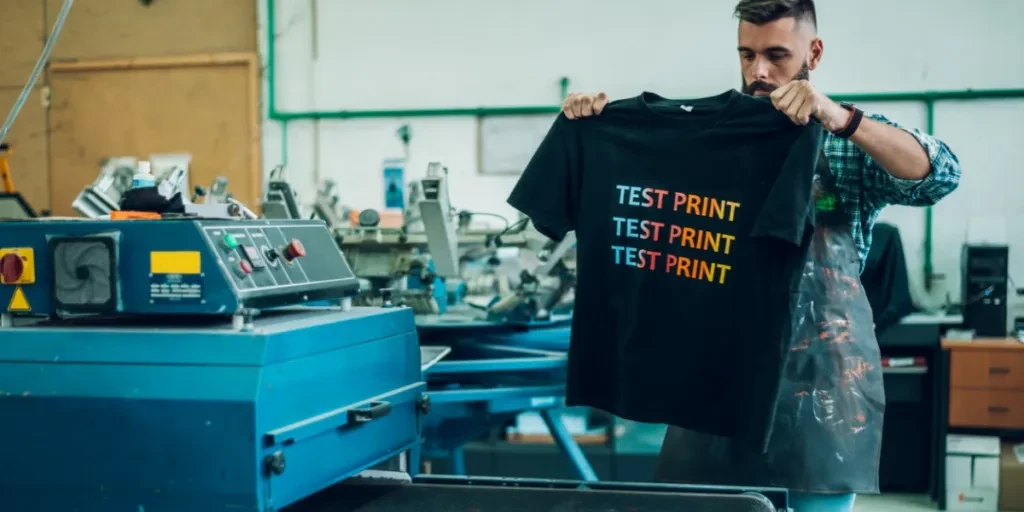 Man printing a colorful design on a t-shirt